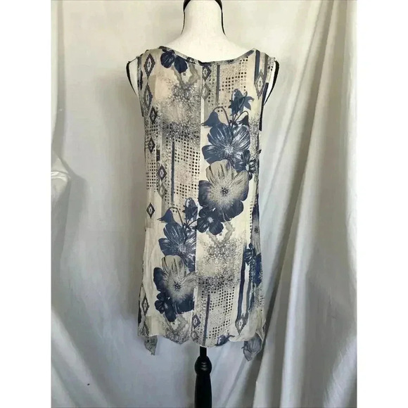 Bella Amore Italy Tunic Top Blue Beige Floral Hankie Hem Viscose Lagenlook Sz S - Picture 3 of 10